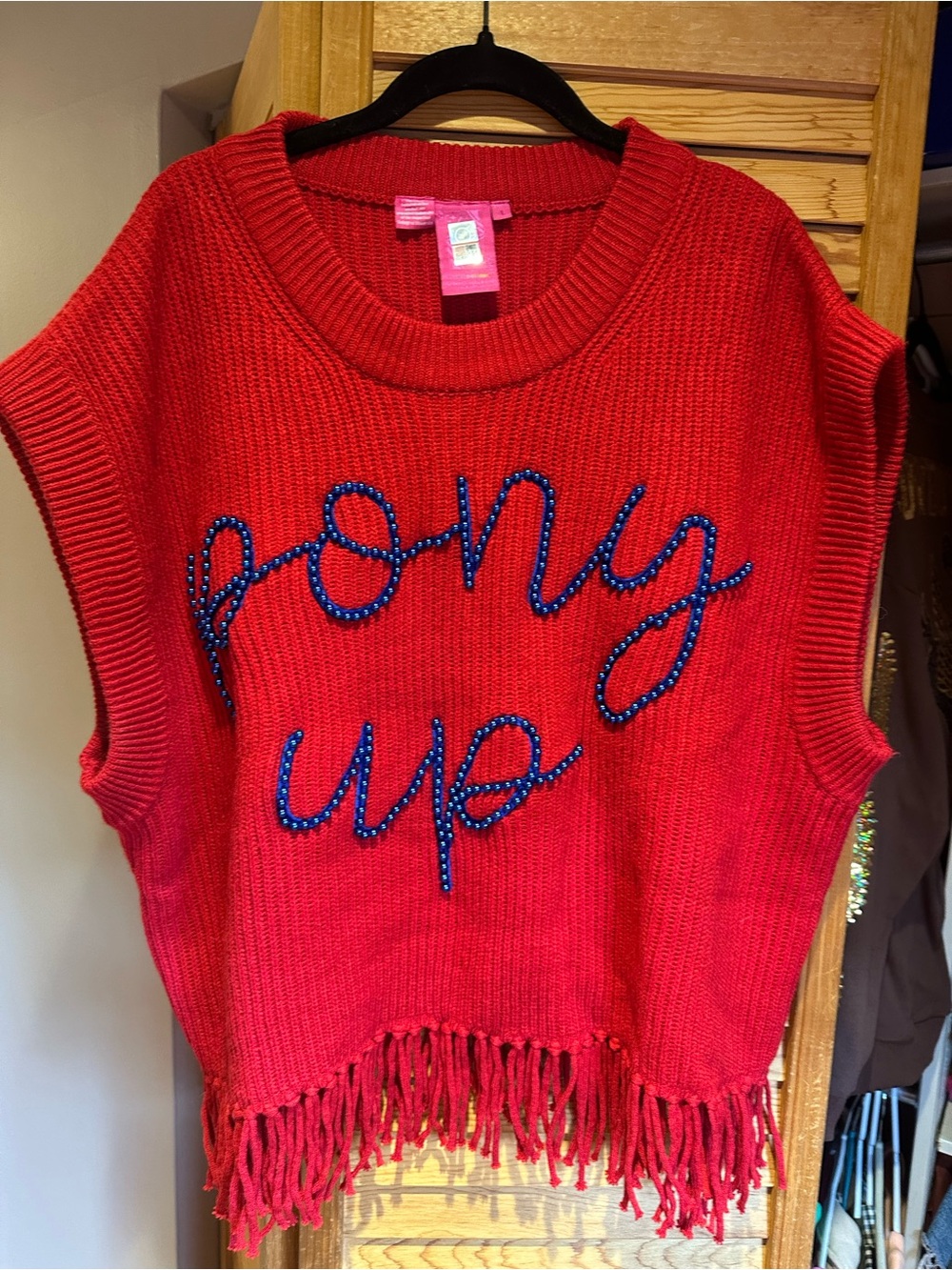 QUEEN OF SPARKLES Red Beaded 'Pony Up' Fringe Knit Sweater Tank SMU gameday